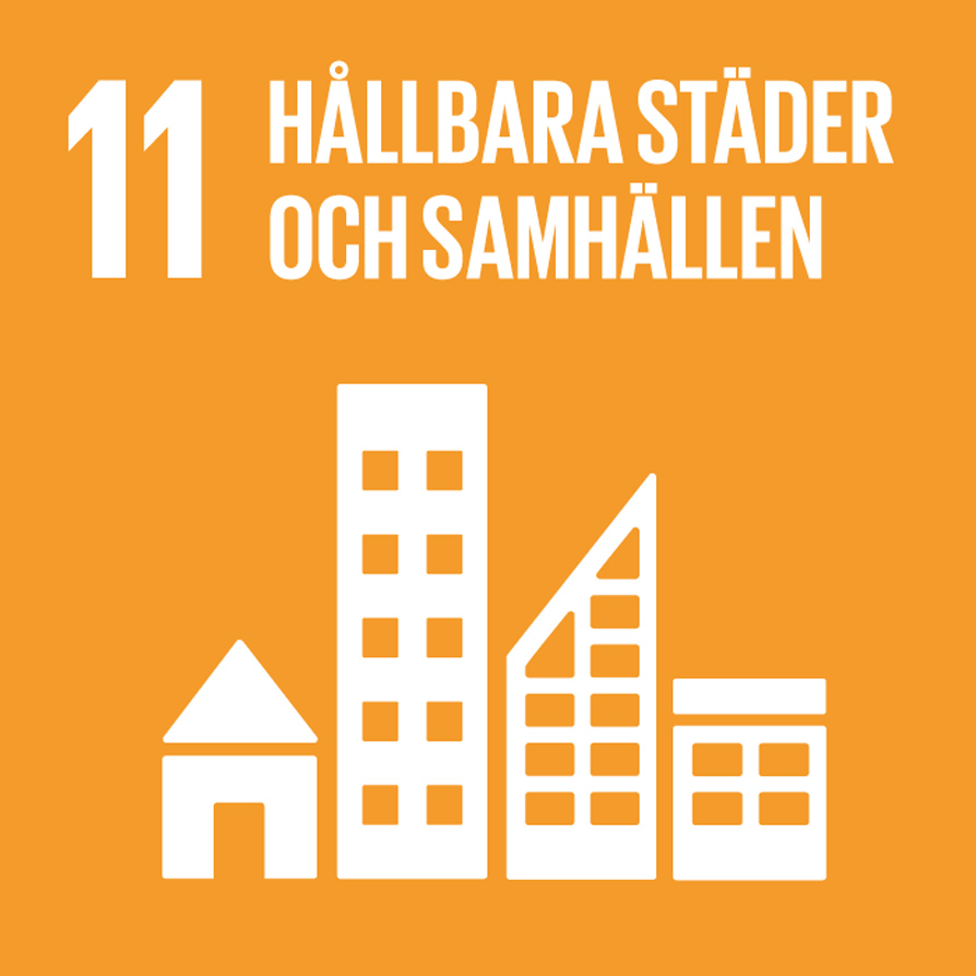 Det 11:e globala målet Hållbara städer och samhällen på ljus orange bakgrund