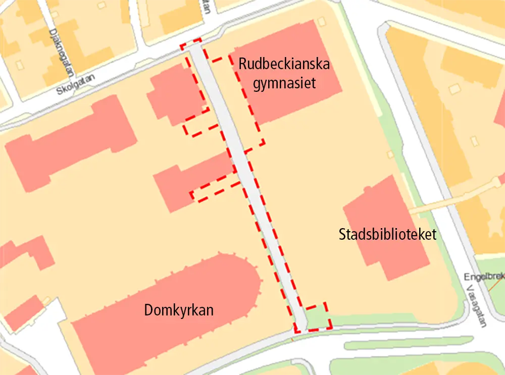 Kartbild över de platser som påverkas vid Rudbeckianska gymnasiet. Det är gång och cykelbanan, skolgården och planteringsytorna.