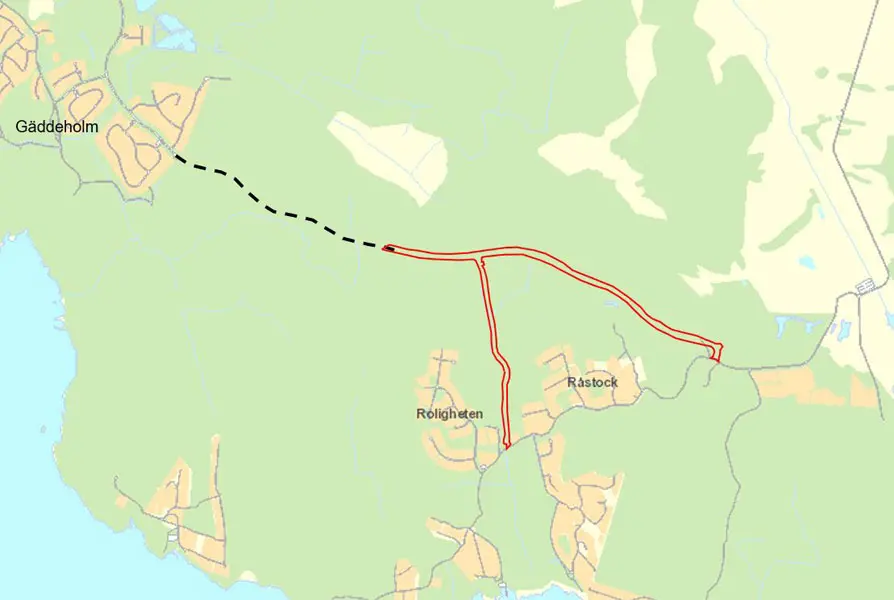 Karta över vägens ungefärliga sträckning mellan Gäddeholm och södra Kärrbolandet.