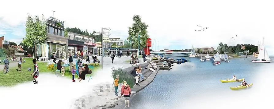 Visionsbild av Gehl Architects som visar villaområde, butiker, lekande barn, människor som rör sig vid sjökanten och båtar på vattnet.