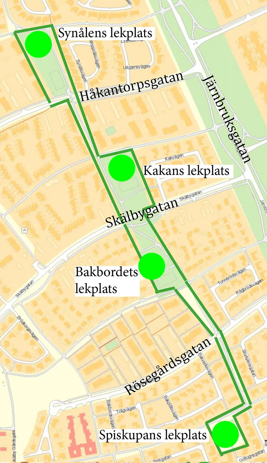 Karta över östra Skälby. På kartan finns en sammanhängande markering som omfattar Spiskupans, Bakbordets, Kakans och Synålens lekplats.