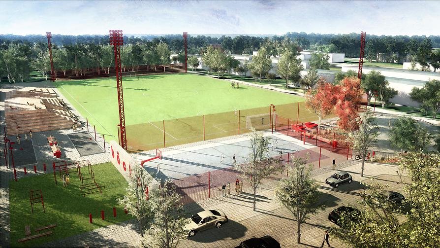 Visionsbild över den framtida nya fotbollsplanen och aktivitetsområdet på Bäckby.