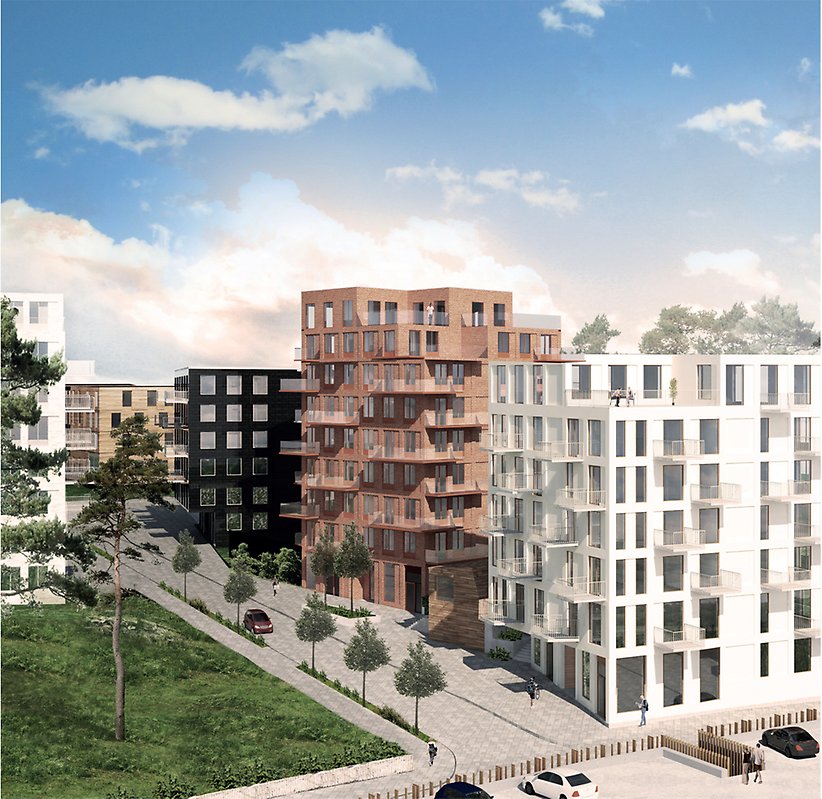 visionsbild över flerfamiljshus i kvarteret Kornknarren, Råby.