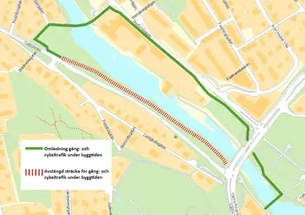 Karta som visar omledningsvägen för gång- och cykeltrafik